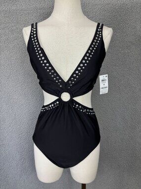Bar III Tell Me About It Stud One-Piece Swimsuit Black/Silver Medium NWT's.
